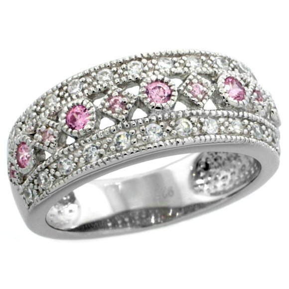 Sterling Silver Vintage Ring pink CZ Wedding Band